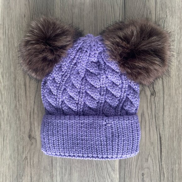 Arctic Paw Pom Pom Beanie Cable Knit Fleece Lined Winter Beanie Women Hat Purple - Picture 2 of 4